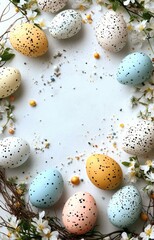 Obraz premium Colorful decorated eggs surrounded by flowers create a festive spring atmosphere