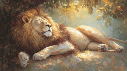 Naklejka premium A serene lion resting peacefully under a tree in soft sunlight.
