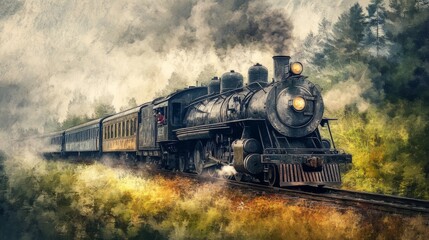 Fototapeta premium Vintage steam locomotive and wagons illustration watercolor