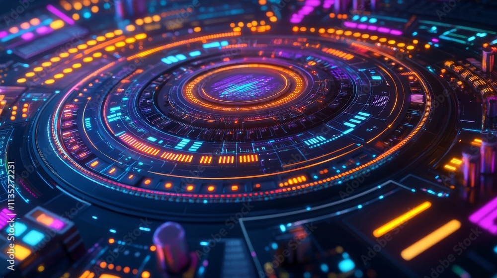 Poster cyber-inspired circular interface with vivid neon lights, illustrating futuristic data technology. p