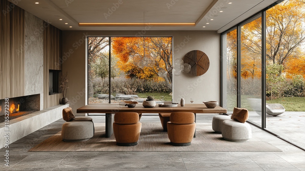 Poster a modern dining area with a large table and autumn scenery through expansive windows.