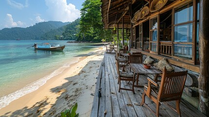 Serene beachside view with wooden deck, boat, and lush mountains in the background.