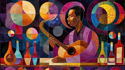 Mosaic-style man plays lute with colorful background.