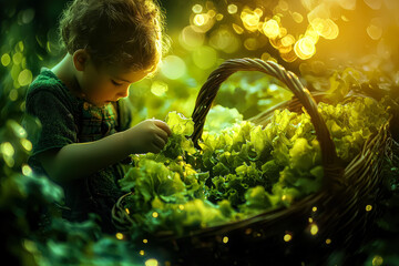 Young girl is picking leaves from a basket of green plants. The basket is filled with various types of leaves, and the girl is focused on selecting the best ones
