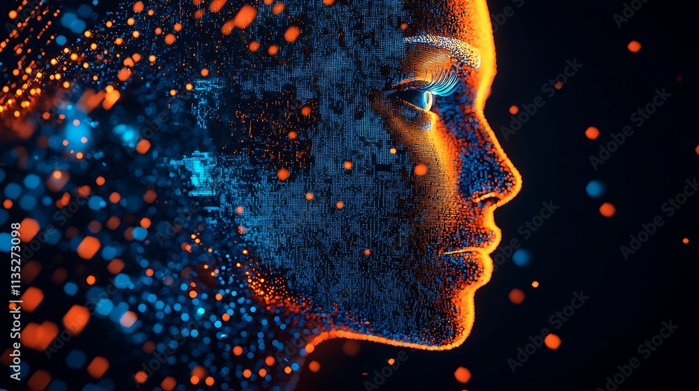 Poster digital creation of human face with glowing particles in dark image