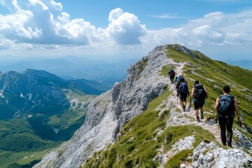 Fototapeta premium Hikers on Mountain Ridge Trail