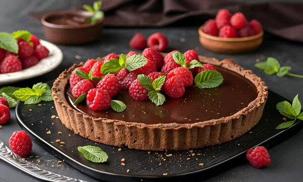  Decadent Chocolate Raspberry Tart with Fresh Mint Garnish, Elegant Dark Surface Dessert Featuring Chocolate and Berries

