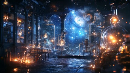 Obraz premium steampunk scene whit galaxy outside and sparkles