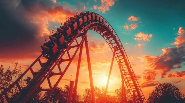 A roller coaster with a sunset in the background
