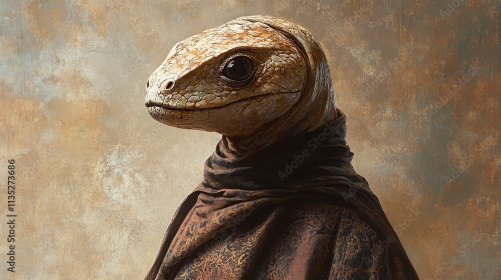 Poster a 3d-rendered portrait of a reptilian humanoid alien in an artistic, patterned robe with a contempla