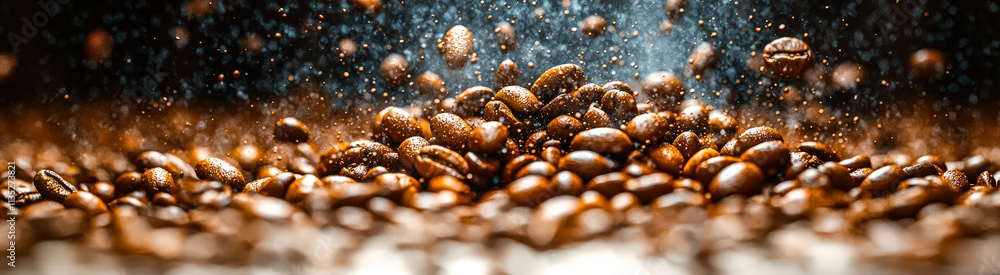 Poster close up of coffee beans with a lot of them scattered around. concept of chaos and disorder, as the 