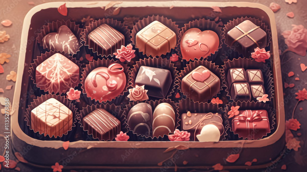 Poster box of assorted chocolates with a heart on it. the chocolates are arranged in a way that they look l