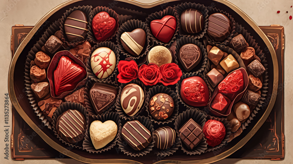 Poster box of assorted chocolates with a heart on it. the chocolates are arranged in a way that they look l