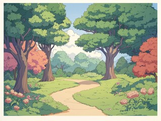 Fototapeta premium A serene pathway through a vibrant, colorful forest scene.