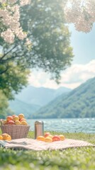 Fototapeta premium A serene picnic scene by the lake with a basket of apples and a drink.