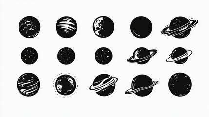 Planet icon set, outlines, in black. Black vector planets on white background