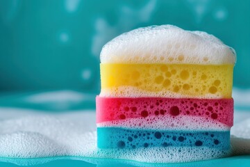 Colorful kitchen sponges stacked together with vibrant foam on a bright turquoise background, ideal for cleaning and home hygiene purposes in vivid detail