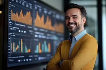 Confident businessman standing in front of a digital screen displaying stock market graphs and data, showcasing financial analysis tools and modern office environment