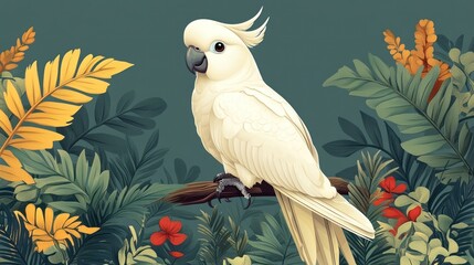 White cockatoo perched on branch amidst lush tropical foliage.