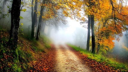Fototapeta premium Enchanting autumn pathway draped in vibrant leaves and morning mist