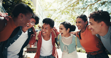 University student, friends and laughing in circle together for education support, exam synergy and solidarity. Study group, diversity people and huddle on campus for college scholarship and bonding