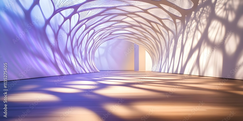 Poster a modern, artistic interior with curving walls and intricate light patterns creating a visually stri