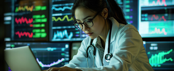 A medical professional in a lab coat focuses intently on a laptop surrounded by multiple screens displaying complex data visualizations. The atmosphere is high-tech and modern.