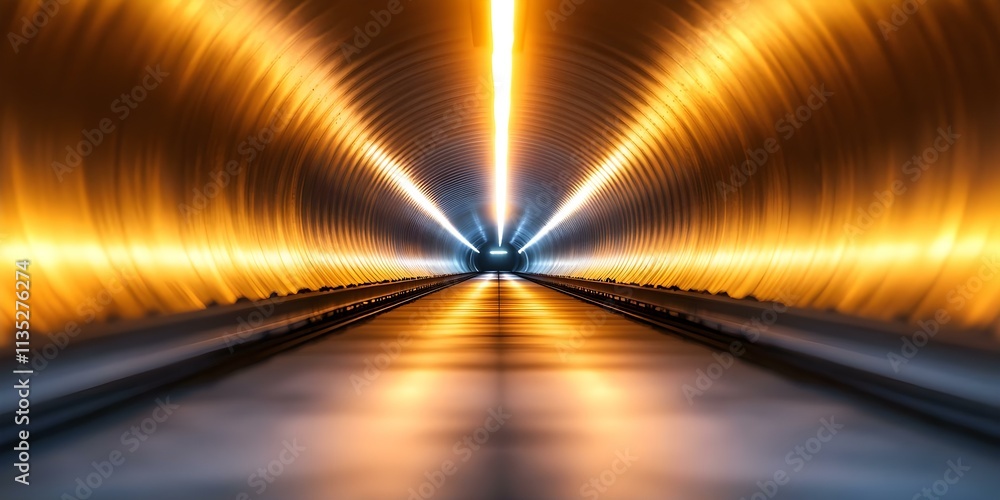 Poster a long, illuminated tunnel with metallic walls and a bright light at the end, creating a sense of de
