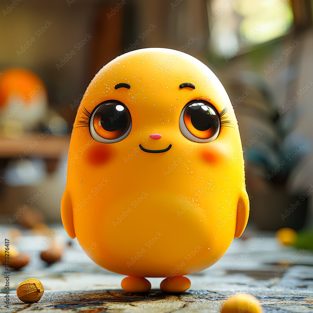 Poster cartoonish yellow egg-shaped character with a smile on its face. the character is standing on a tabl