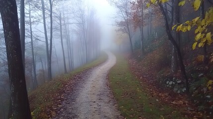 Fototapeta premium Enchanting autumn pathway draped in vibrant leaves and morning mist