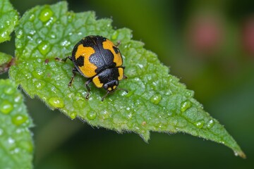 Yellow and Black Spotted Ladybug on a Dewy Leaf