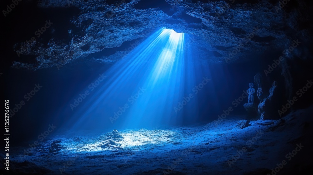 Poster a serene underwater cave illuminated by beams of light, creating a tranquil atmosphere.