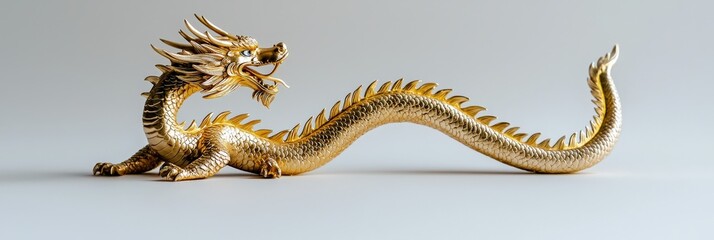Fototapeta premium A golden dragon figurine, symbolizing strength and luck, placed at the center of a clean white backdrop