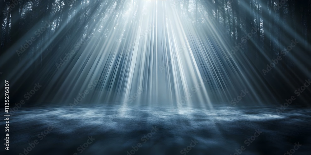 Aufkleber a serene forest scene illuminated by beams of light breaking through the tree canopy, creating a mys