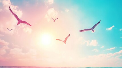 Obraz premium A serene seascape with birds flying against a colorful sunset.
