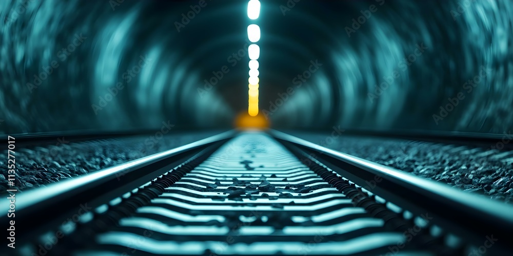 Poster a railway track running through a dark tunnel, illuminated by distant lights, creating a dramatic, m