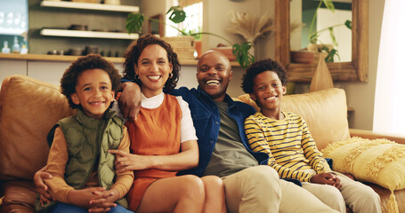 Family, happy and portrait on sofa with love, comfort and relax on weekend in home. African...