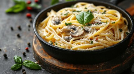 Creamy mushroom pasta served in a skillet with fresh basil on a rustic background