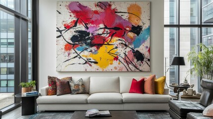 Abstract painting above modern sofa, city view.
