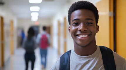 Fototapeta premium Happy Black Student in High School Looking at Camera, Perfect for Educational and Community Engagement Materials