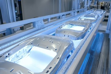 Automated Assembly Line for Car Manufacturing with Futuristic Robotics and Illuminated Chassis Ready for Final Processing in a Modern Factory Environment