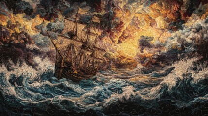 Naklejka premium Sailing ship braves stormy sea, fiery sunset.