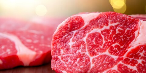 Fototapeta premium Close-up of marbled raw beef, showcasing its rich red color and white fat intrusions, indicating quality and flavor. Concept Marbled Beef Close-Up, Rich Red Color, Fat Intrusions, Quality Indicators