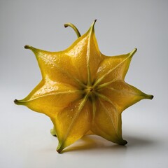 Fototapeta premium A star fruit with its glossy golden-yellow skin resting on a white backdrop.