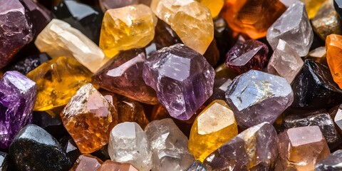 A colorful assortment of various gemstones and crystals, showcasing different shapes and hues. Concept Gemstone Variety, Crystal Shapes, Colorful Assortment, Natural Beauty, Decorative Elements