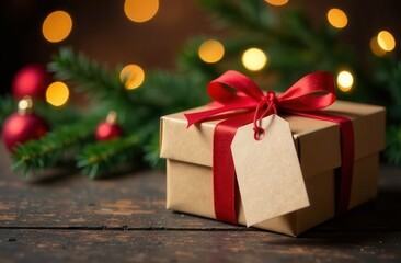 Obraz premium Festive gift box adorned with a red ribbon and tag celebrated during the holiday season surrounded by glowing lights. Generative AI