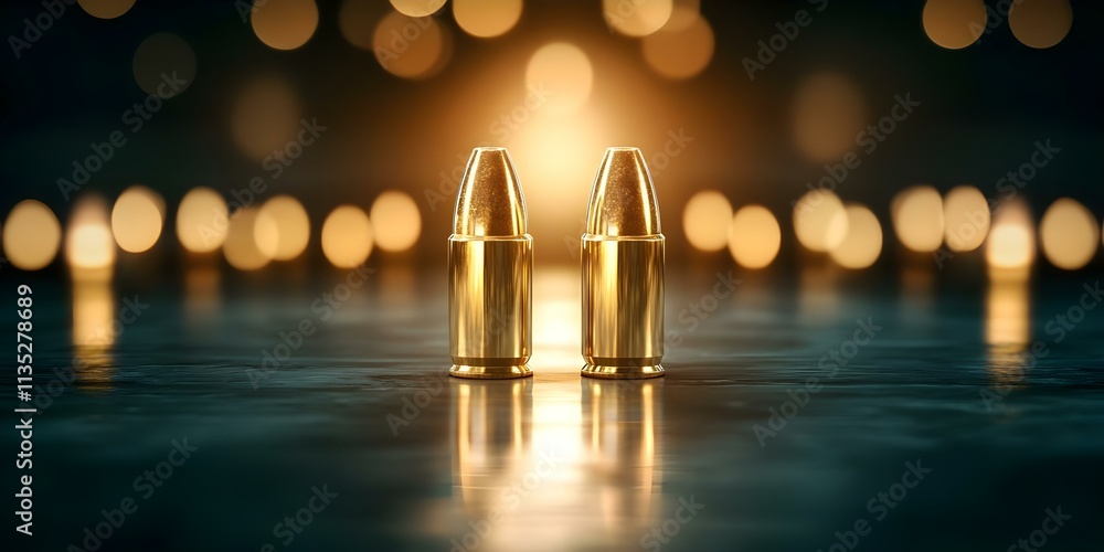 Aufkleber two shiny bullets are positioned side by side, with a blurred background of warm lights creating a d