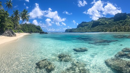 Fototapeta premium A serene tropical beach with clear water and lush greenery.