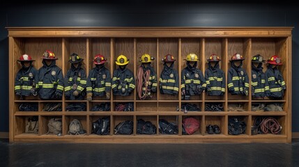 A row of firefighter uniforms and gear displayed in a wooden storage unit.