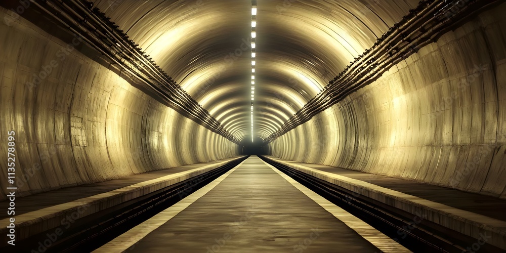 Poster a long, illuminated tunnel with smooth walls and a reflective floor, creating a symmetrical perspect